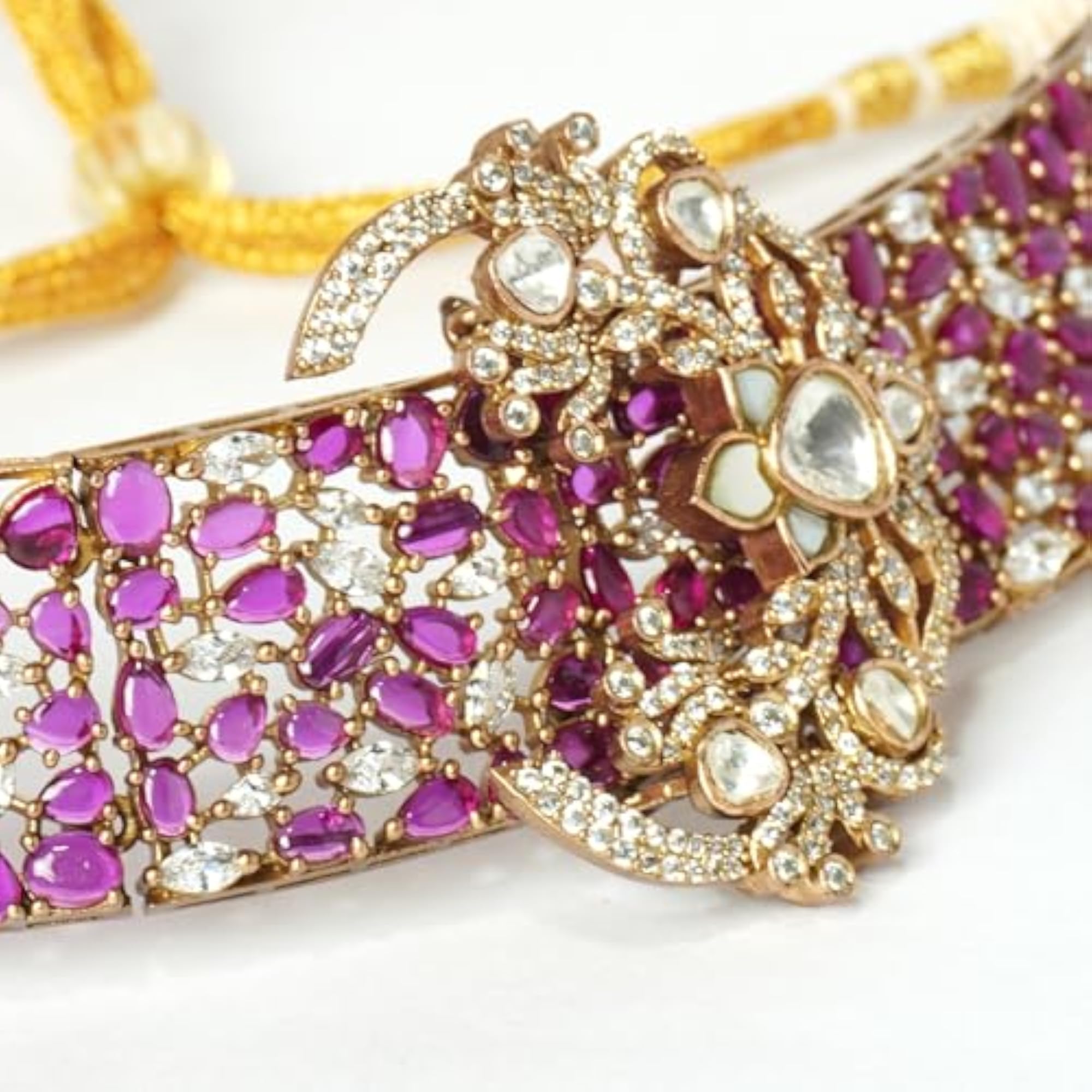 Traditional Ruby & Polki Gold-Plated Choker Necklace Set with Earrings